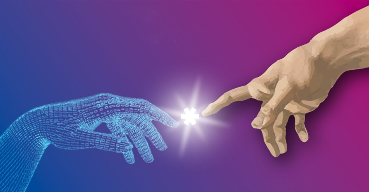 Symbolbild: menschliche und digitale Hand begegnen sich